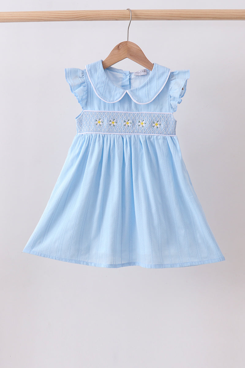 Blue floral smocked jacquard ruffle dress