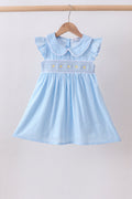Blue floral smocked jacquard ruffle dress