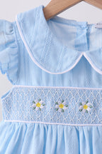 Blue floral smocked jacquard ruffle dress