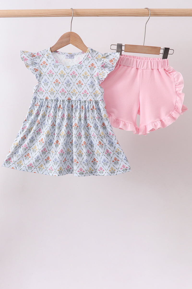 Blue floral print ruffle bloomer set