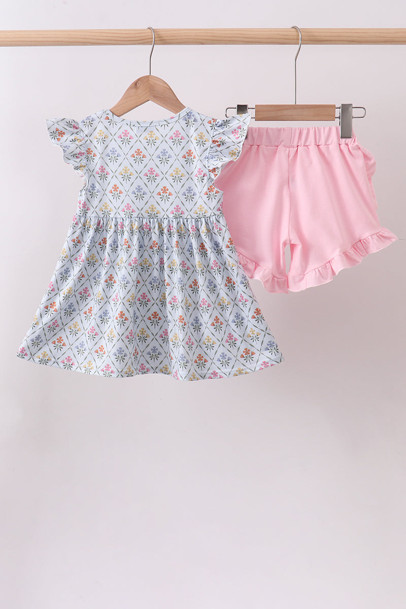 Blue floral print ruffle bloomer set