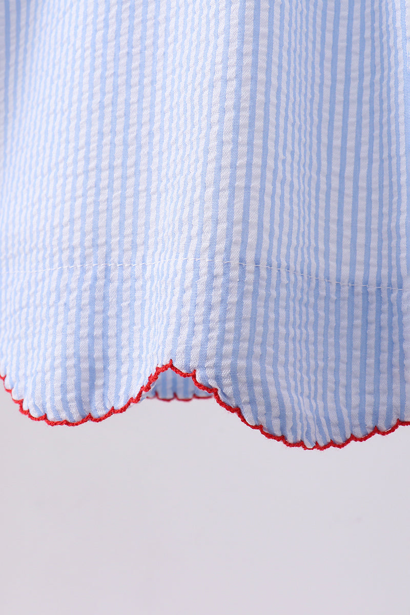 Blue seersucker flag smocked ruffle dress