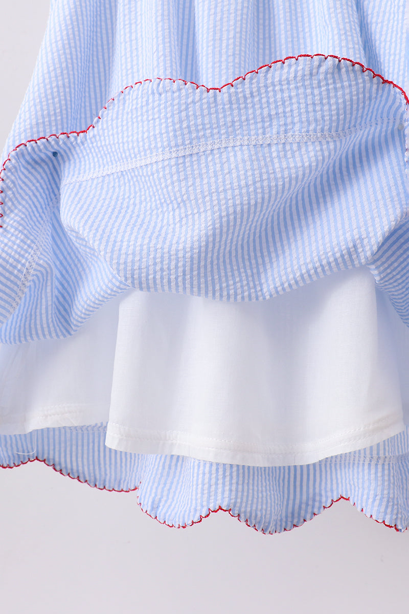 Blue seersucker flag smocked ruffle dress