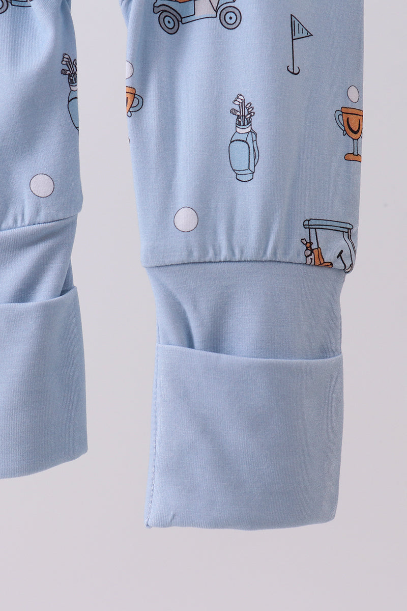 Blue gofl cart print bamboo romper